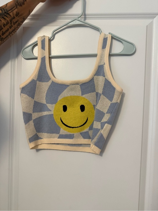 Tops - Smiley Face Knit Crop Tank - Blue, Cream, Yellow